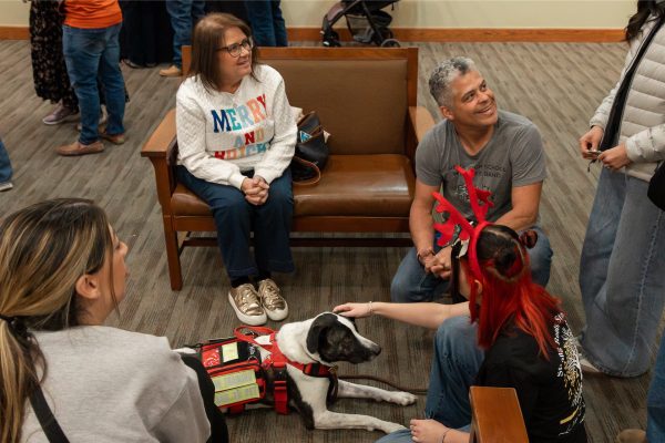 Visitors with a service dog having a conversation.