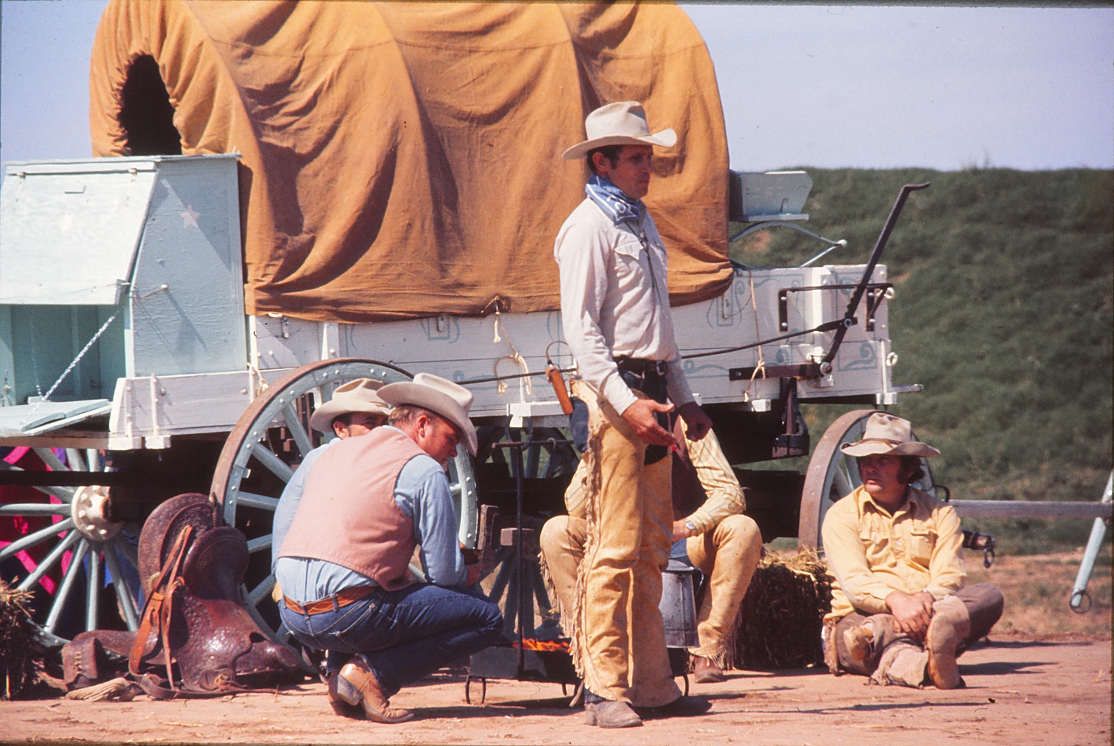 Cliff Teinert (standing), Ronnie Nail and Bud Leach performed a "sampler" from the Albany Fandangle, which is an outdoor play almost all of the Albany community participates in, during the 1971 Ranch Day.
