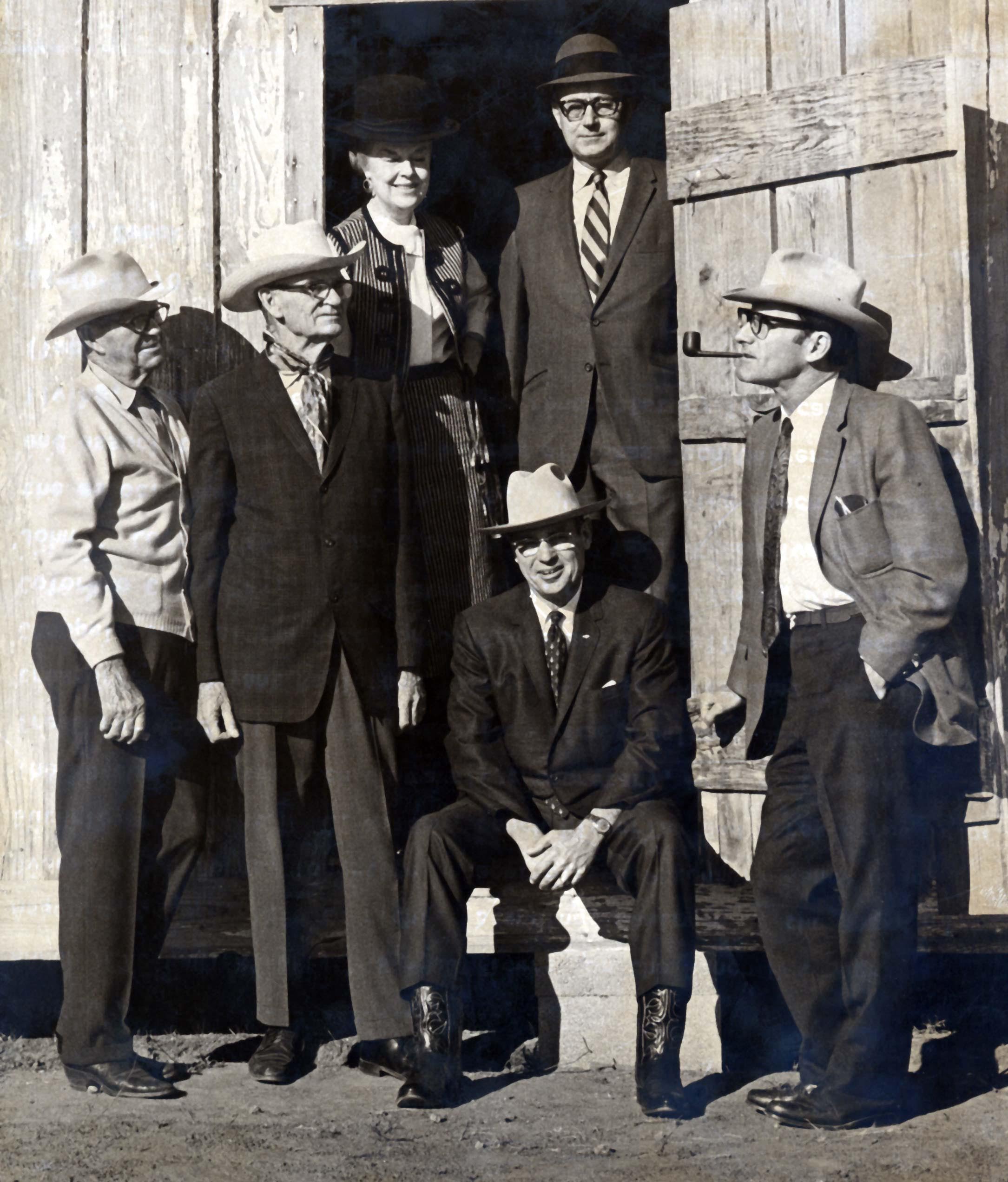 Today's Ranching Heritage Association (RHA) began in the late 1960s as the Ranch Headquarters Association. Officers included D Burns, chairman of the Board of Overseers; Dr. W. C. Holden, president; Mrs. W. C. Holden, secretary; Robert L. Snyder, treasurer; John F. Lott Sr. (seated), vice president; and Frank H. Chappell Jr., vice president.