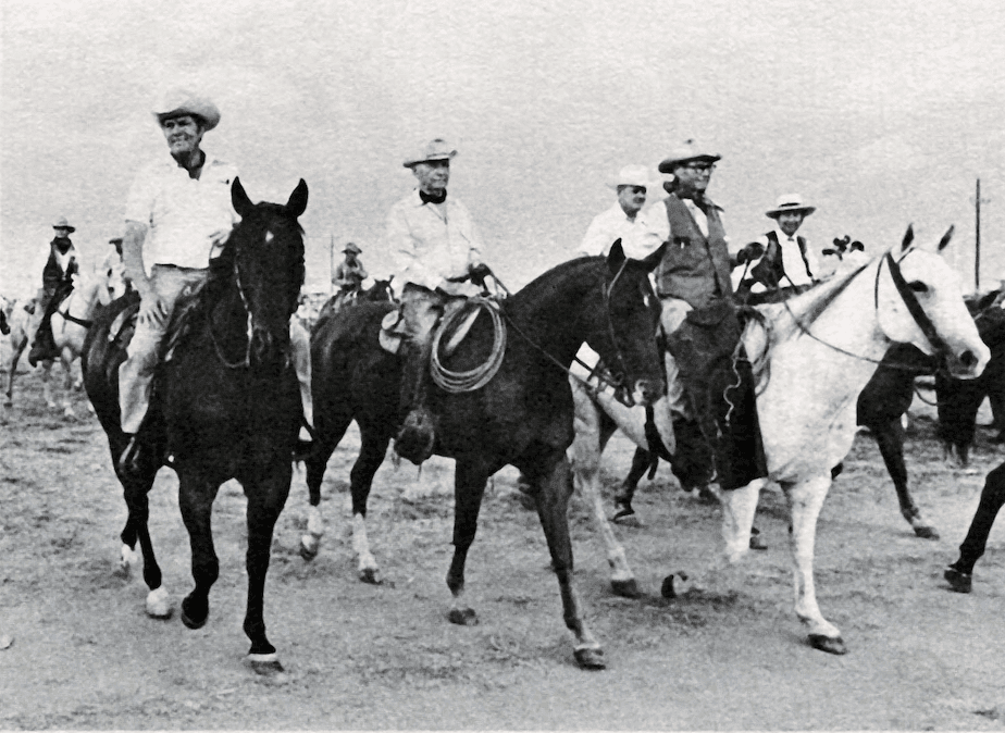 Film and television star Dale Robertson and Texas ranchers Watt Matthews and Charles Schreiner III rode horseback wih RHA members as a week-long cattle drive passed through five citites and downtown Lubbock to reach the opening of the Ranching Heritage Center.