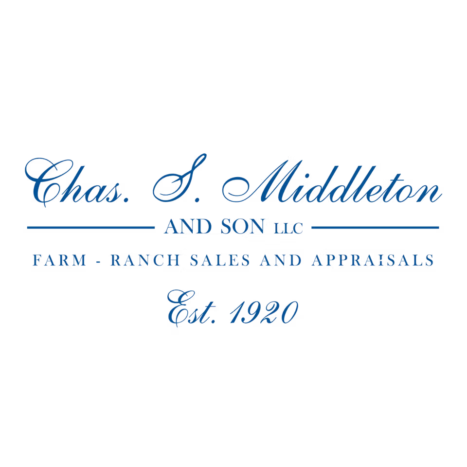 Logo for Chas. S. Middleton and Son LLC, featuring blue lettering on a black background with the text “Farm - Ranch Sales and Appraisals” and “Est. 1920.”