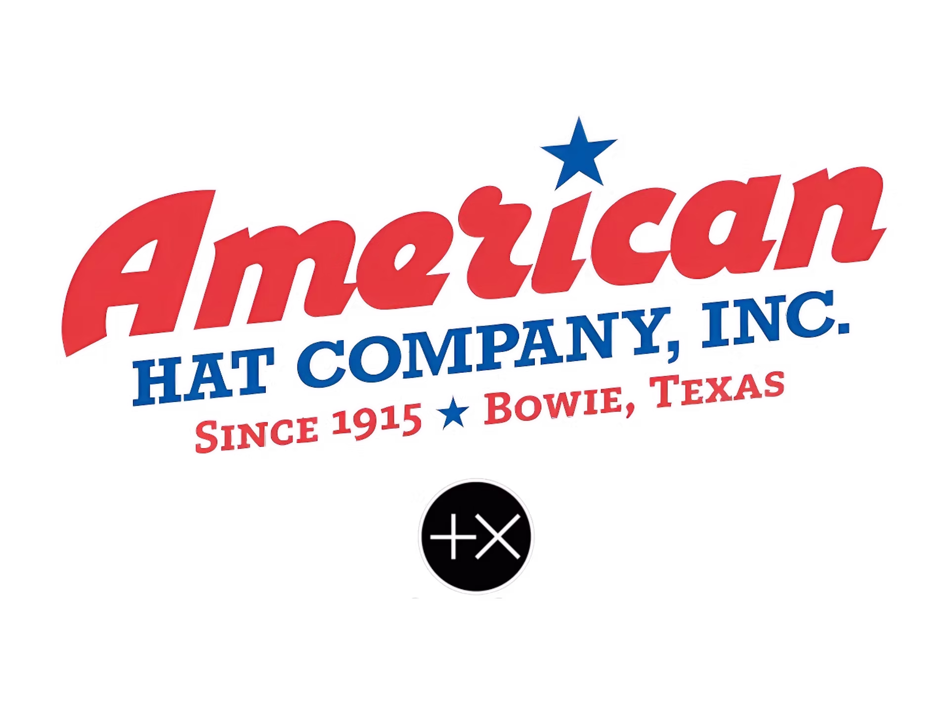 American Hat Company Inc. logo featuring red, white and blue lettering with stars on a black background. Text reads “Since 1915, Bowie, Texas,” with a cattle brand symbol below.