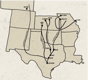 Map of historic cattle trails: Goodnight-Loving Trail, Western Trail, Chisholm Trail, and Shawnee Trail.